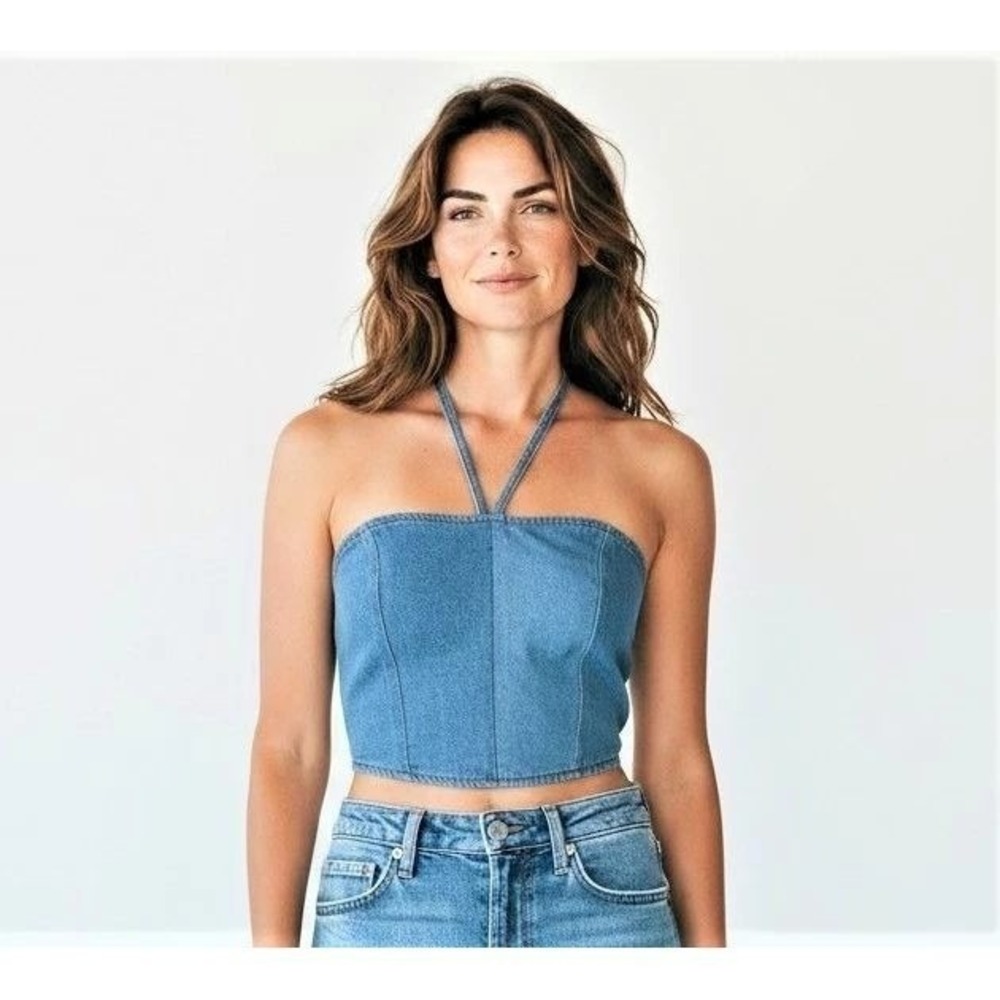 Promesa Denim Halter Crop‎ Top Blue Medium Wash Smocked Back Women's Large